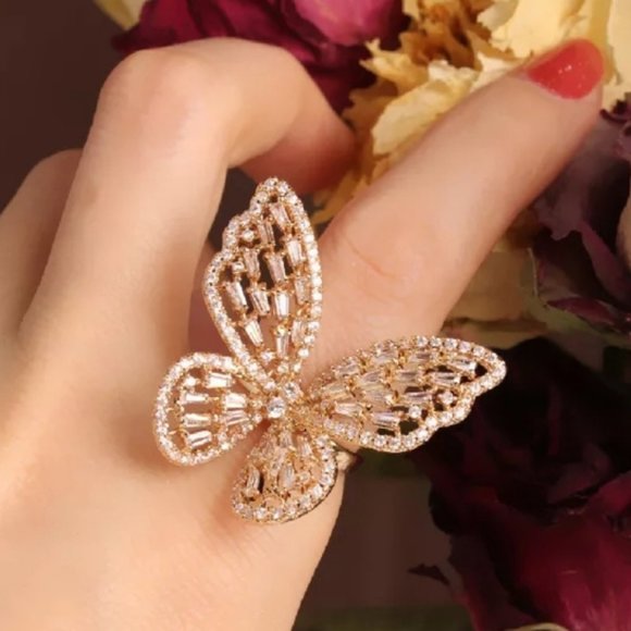 NEW Huge Gold & Pink Diamond Butterfly Ring - Picture 3 of 4